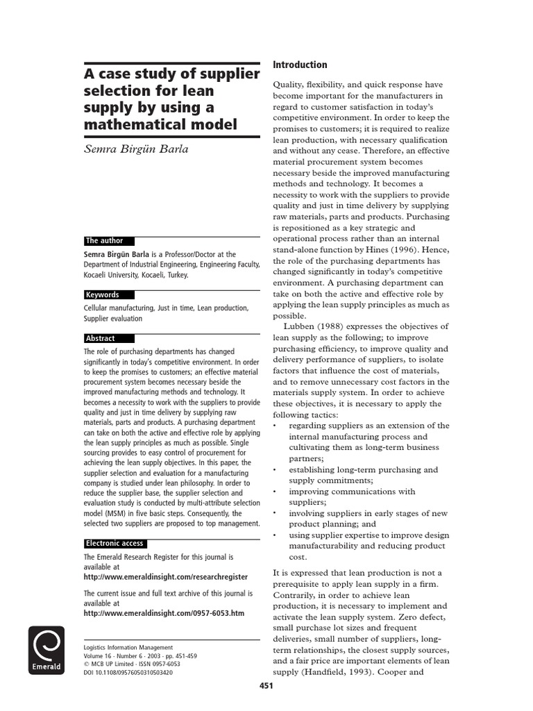 Lean Supplier Selection Model | PDF | Procurement | Lean Manufacturing