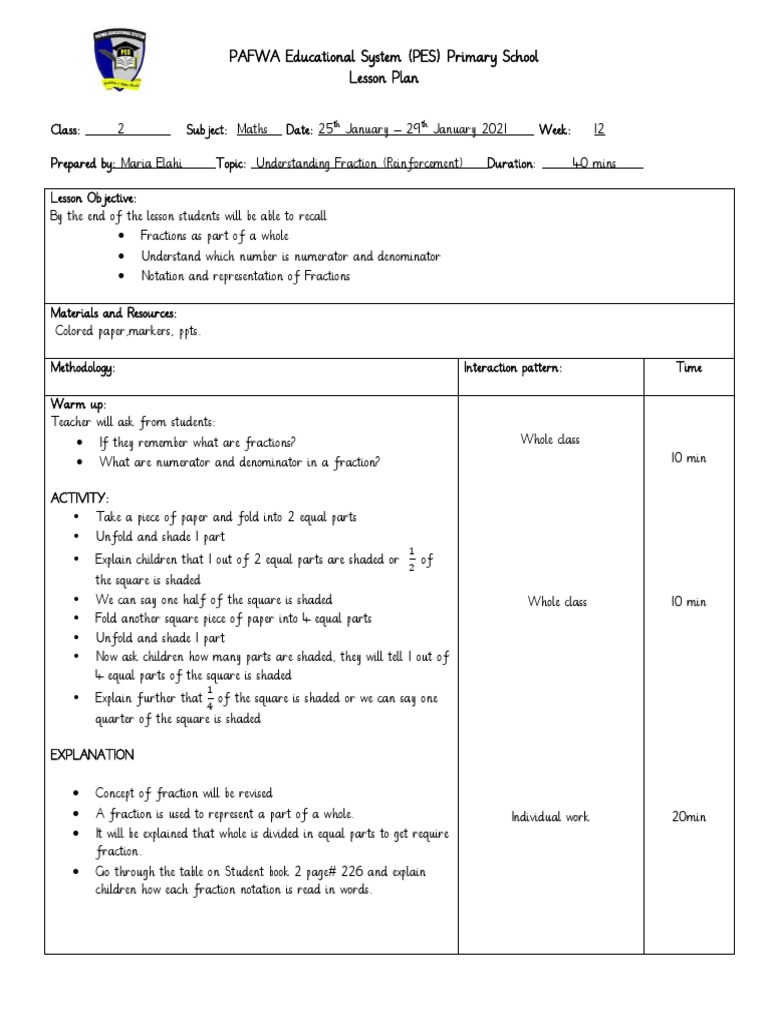 PAFWA Educational System (PES) Primary School Lesson Plan: TH TH | PDF ...
