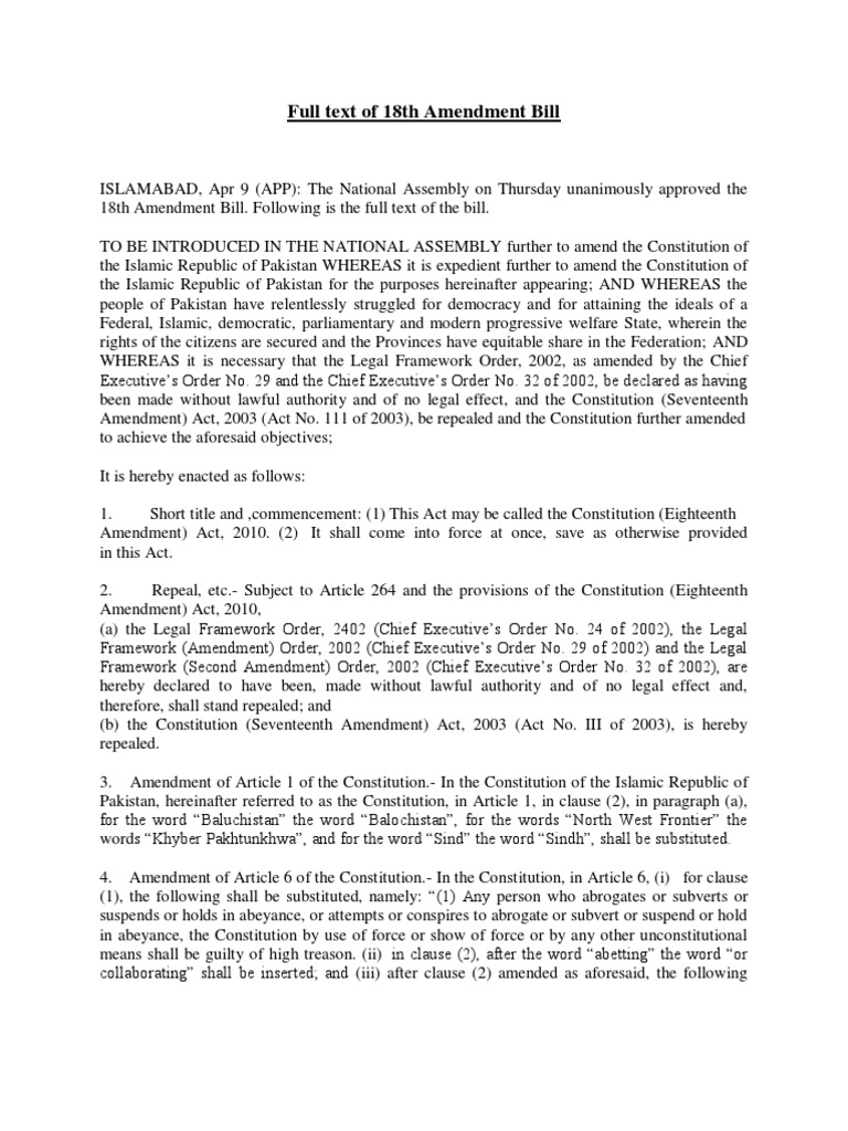 Full Text of 18th Amendment Bill | PDF