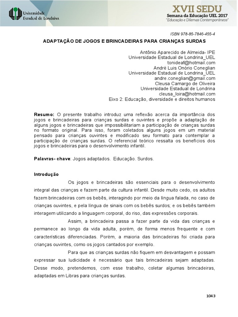 Jogos Adaptados para Crianças Surdas | PDF | Brinquedos | Linguagem de ...