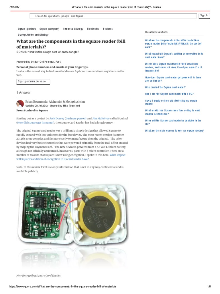 What Are The Components in The Square Reader (Bill of Materials ...