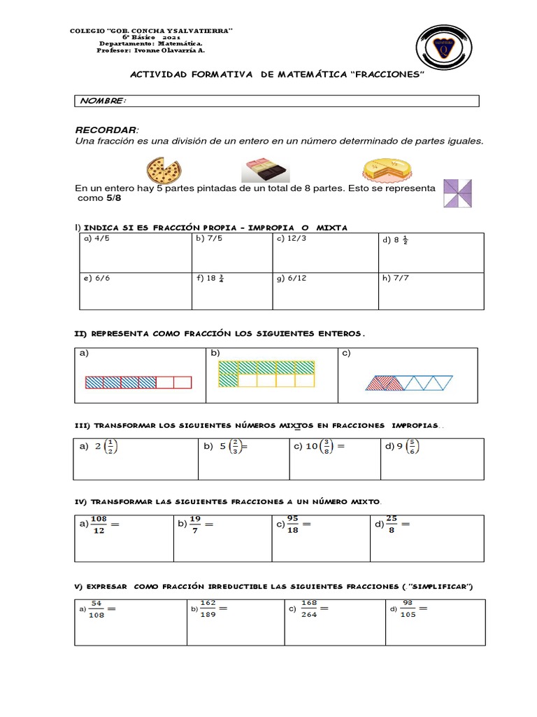Actividades de Fracciones para 6° Básico | PDF | Lexicología | Objetos ...