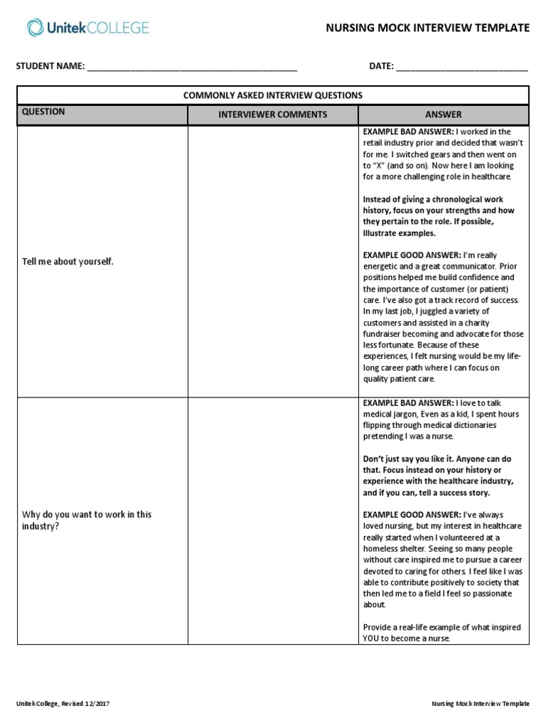 Nursing Mock Interview Template PDF Interview Nursing
