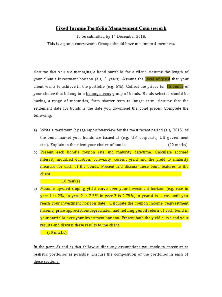 Fixed Portfolio Management Coursework PDF Bonds (Finance) Yield (Finance)
