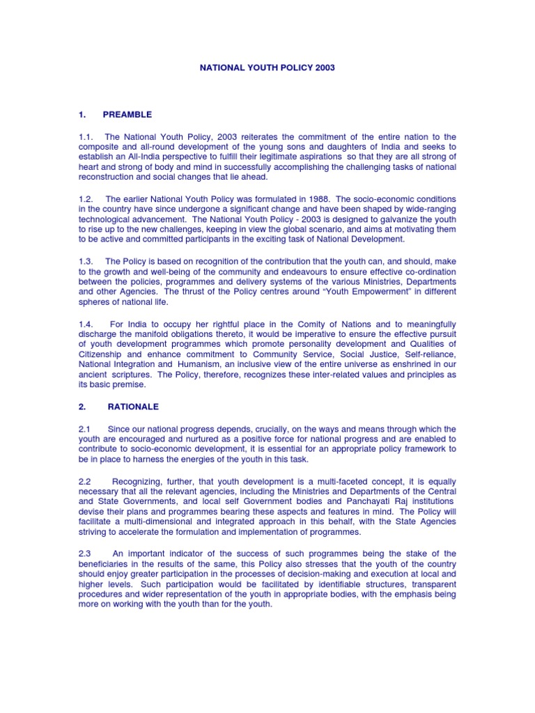 India National Youth Policy 2003 | Woman | Adolescence | Free 30-day