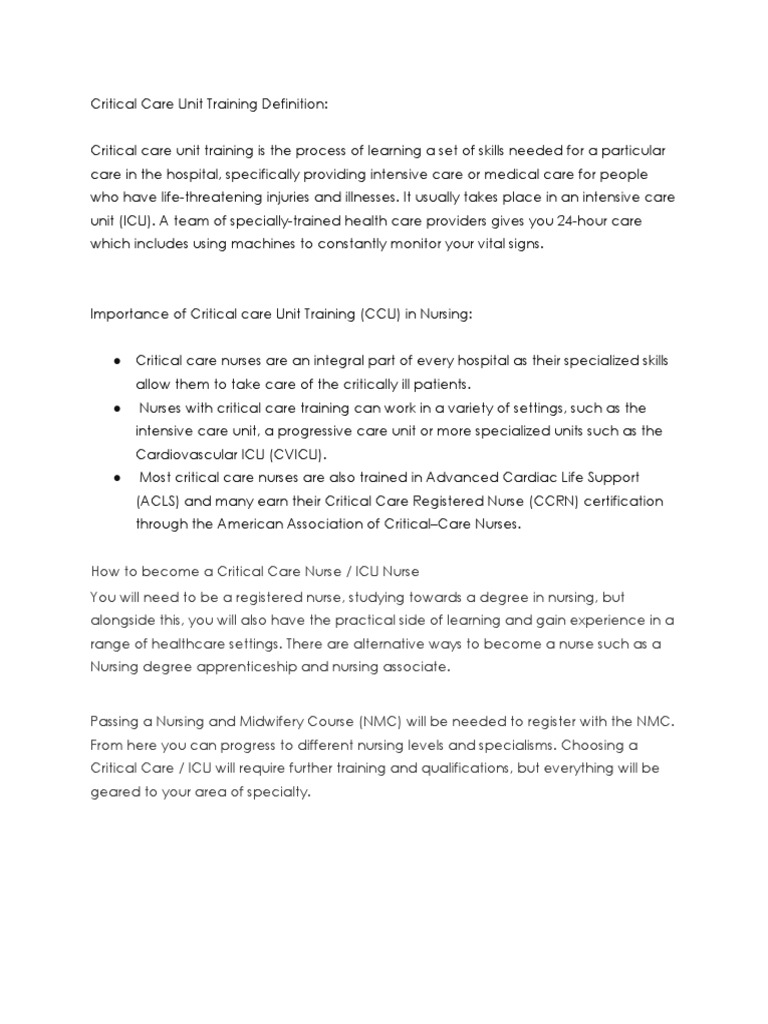 Critical Care Unit Training Definition PDF