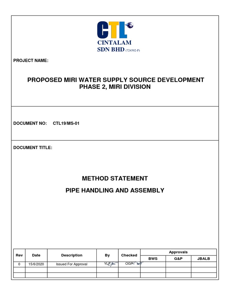 Method Statement Pipe Handling and Assembly PDF Pipe (Fluid