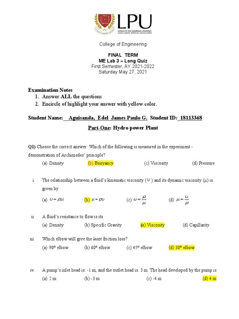 Examination Notes 1. Answer ALL The Questions 2. Encircle of Highlight