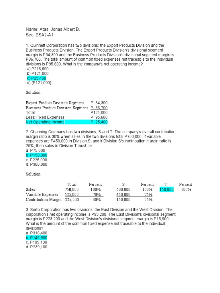 Divisional Segment Margins Analysis | PDF | Management Accounting ...