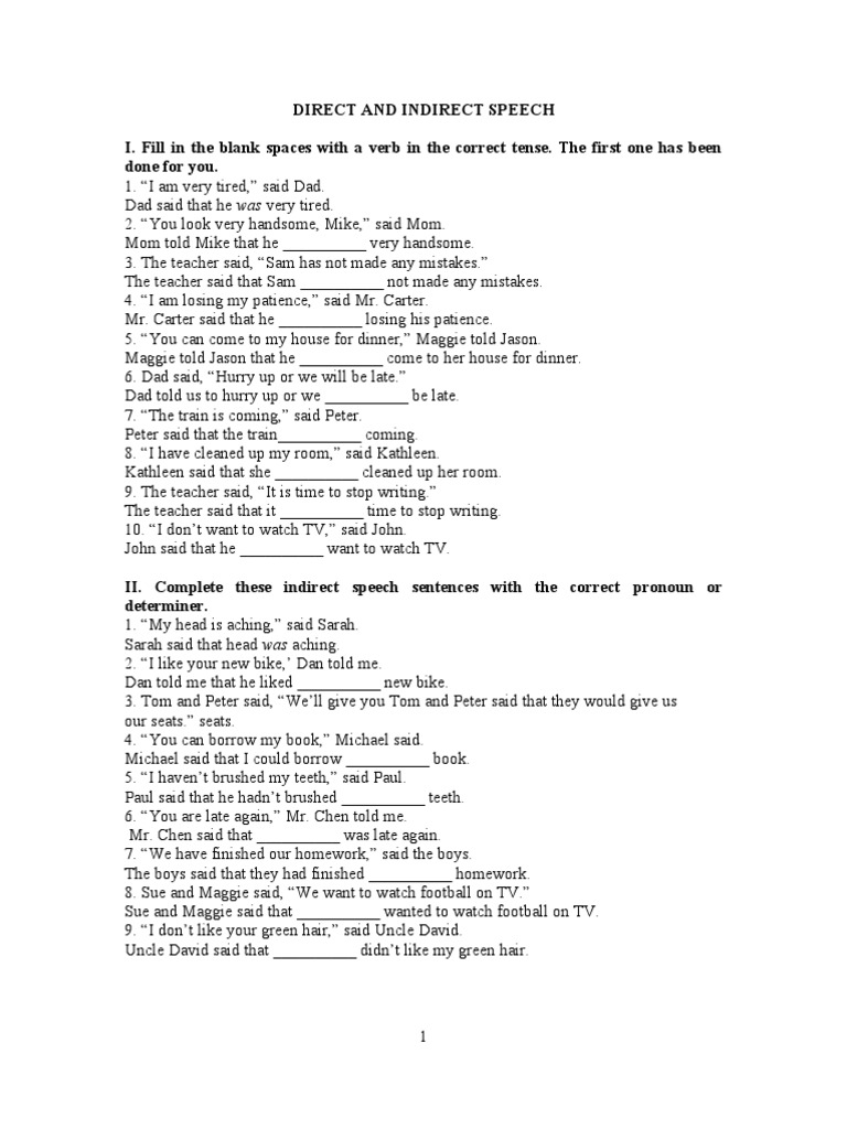 Direct and Indirect Speech Exercises | PDF