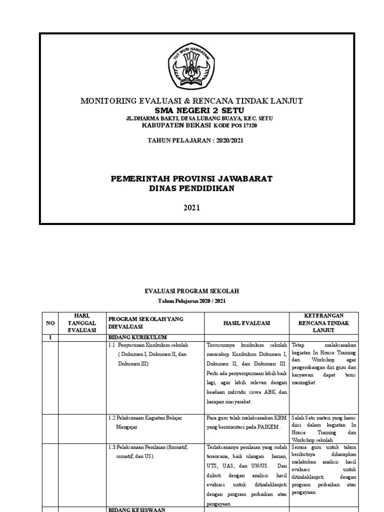 Evaluasi dan Rencana Tindak Lanjut Sekolah | PDF
