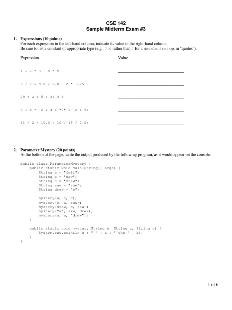 CSE 142 Midterm Exam Sample Questions | PDF | Parameter (Computer ...