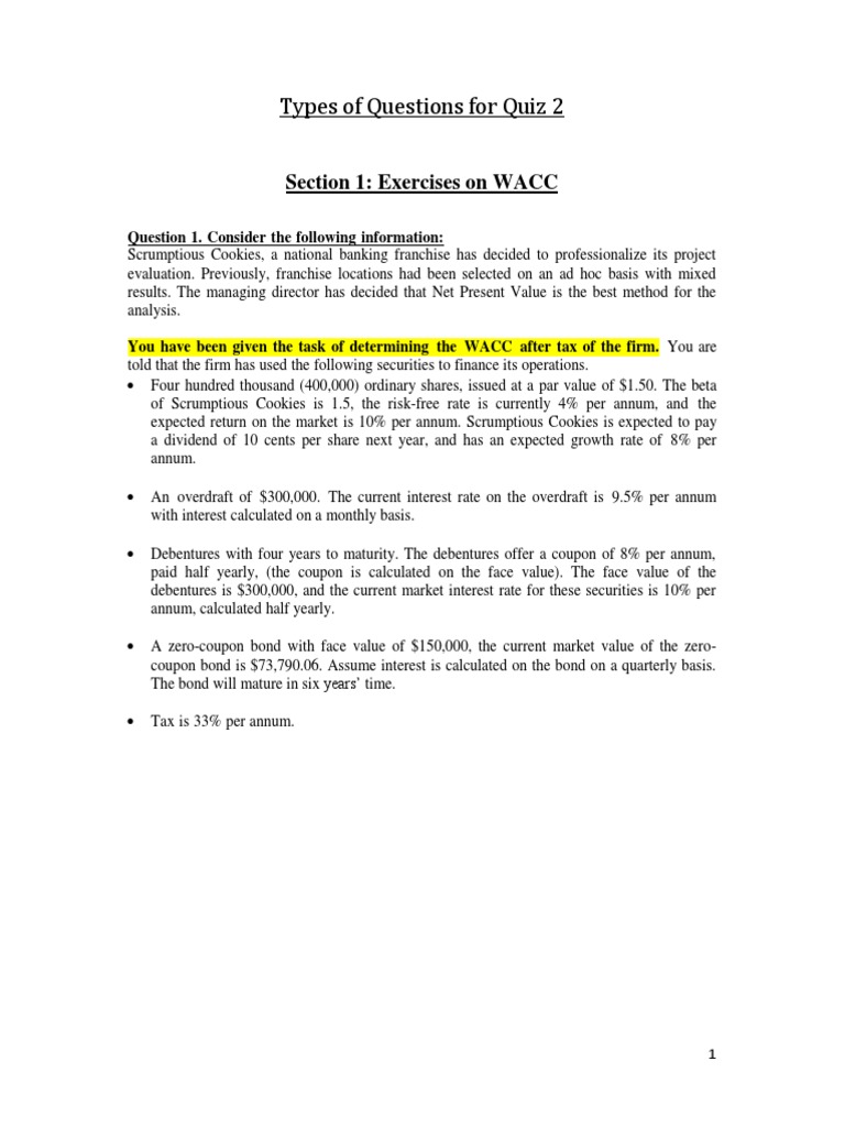 Quiz 2 - QUESTIONS | PDF | Cost Of Capital | Preferred Stock