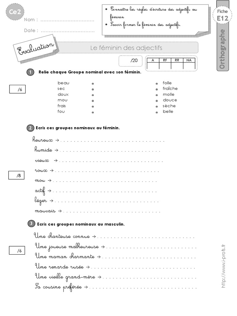 évaluation Groupe Nominal Ce2 Pdf Ce2 Evaluation Feminin Adjectifs | PDF | Genre grammatical | Morphologie  linguistique