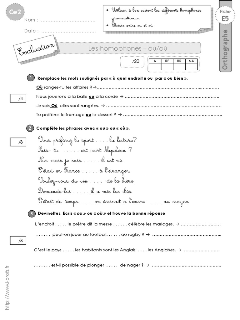 Evaluation Homophones A/à Et/est On/ont Son/sont Ce2 Ce2 Evaluation Ou Ou | PDF | Linguistique