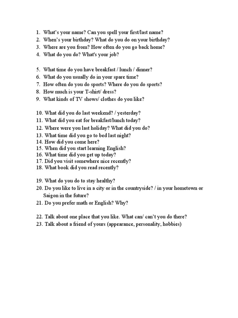 A1 Speaking Questions and Topics Guide | PDF