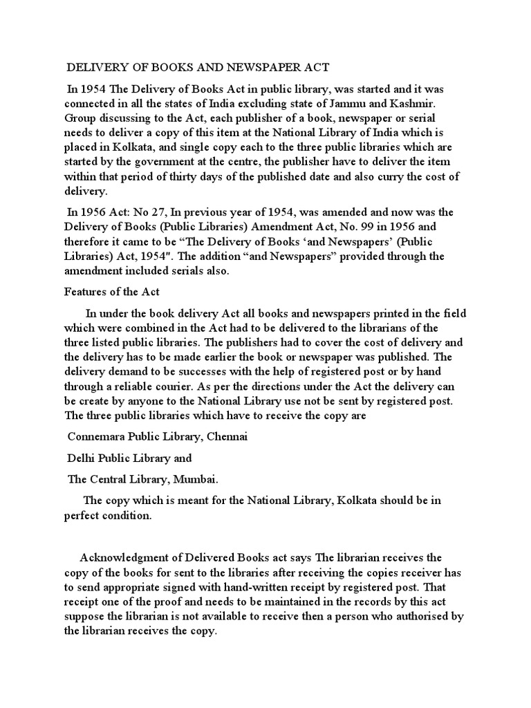 Delivery of Books and Newspapers Act 1954 | PDF | Libraries | Newspapers