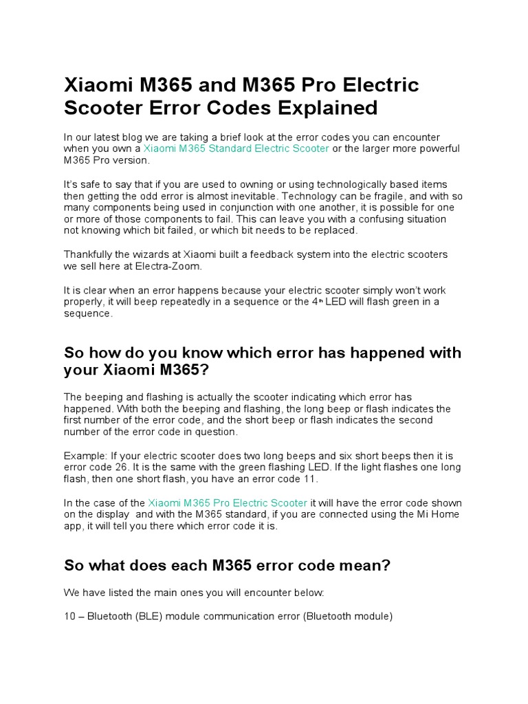 Xiaomi M365 and M365 Pro Electric Scooter Error Codes Explained PDF