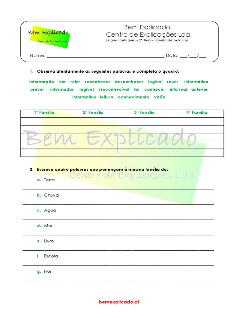 5.3 Ficha Formativa - Família de Palavras | PDF