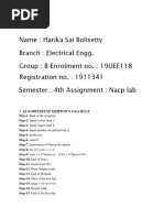 Name: Harika Sai Bolisetty Branch: Electrical Engg. Group: B Enrolment No.: 19UEE118 Registration No.: 1911341 Semester: 4th Assignment: Nacp Lab