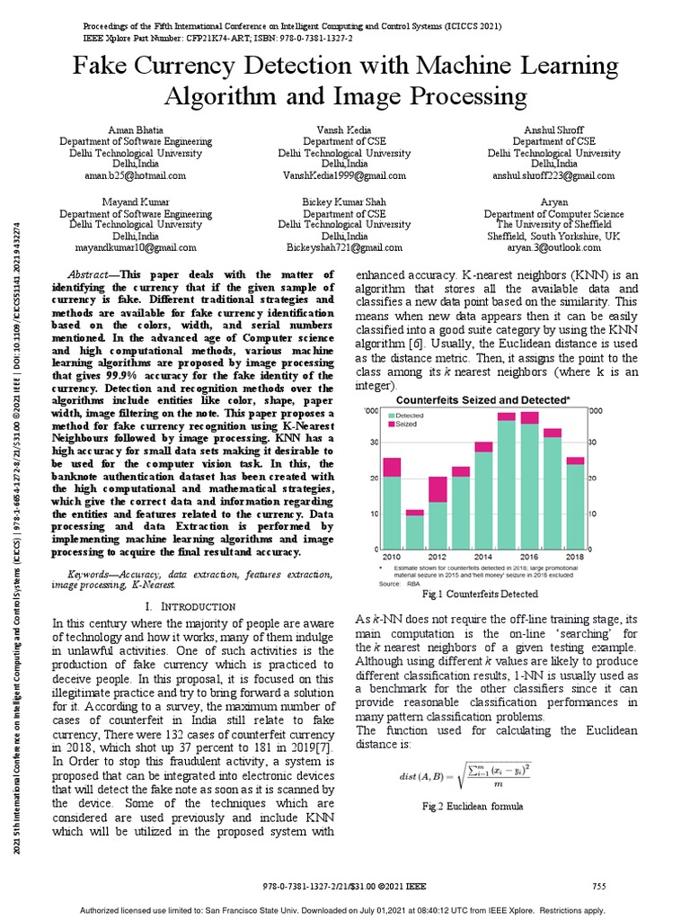Fake Currency Detection With Machine Learning Algorithm and Image