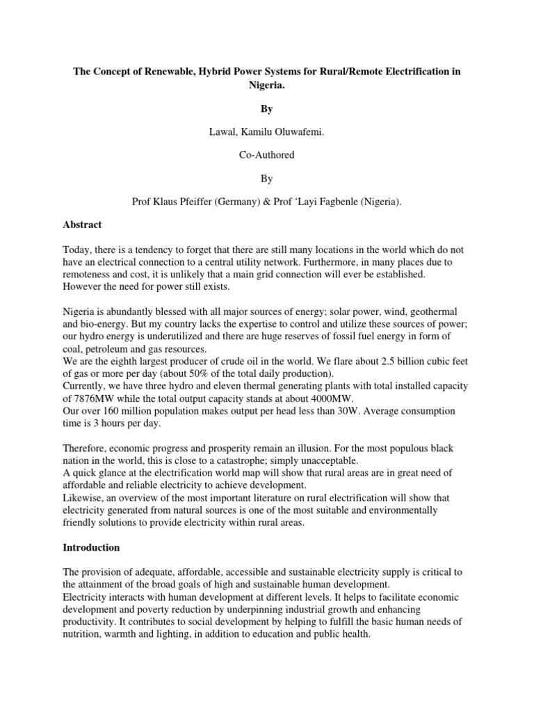 The Concept of Renewable Energy Power System For Rural Electrification ...