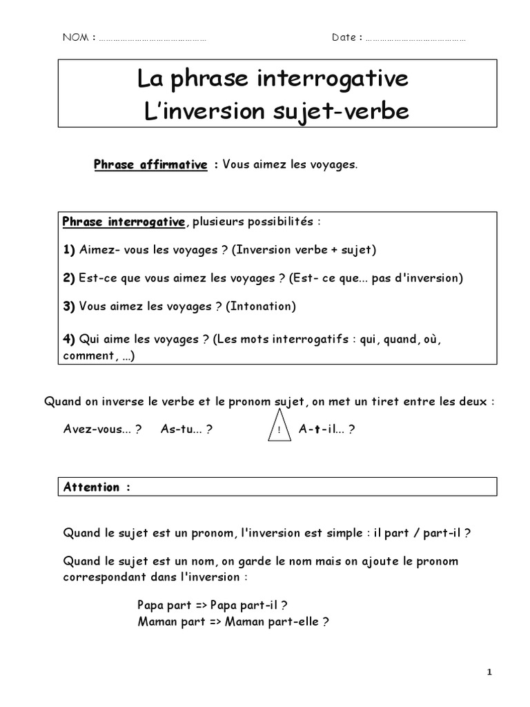 Exercice Sujet Verbe Cm1 Imprimer Inversion SJ V 2 | PDF | Phrase | Sujet (Grammaire)
