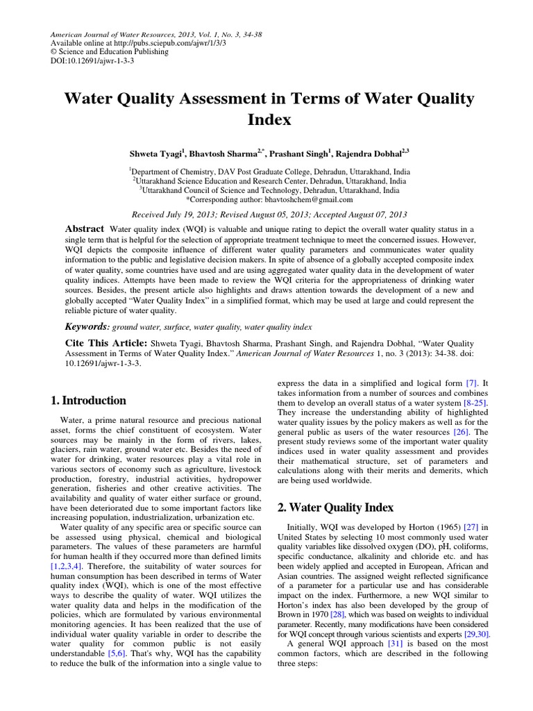Water Quality Assessment in Terms of Water Quality Index PDF Water