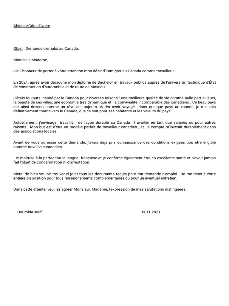 Exemple De Lettre De Motivation Pour Immigrer Au Canada Lettre de Motivation 1636447048827 | PDF