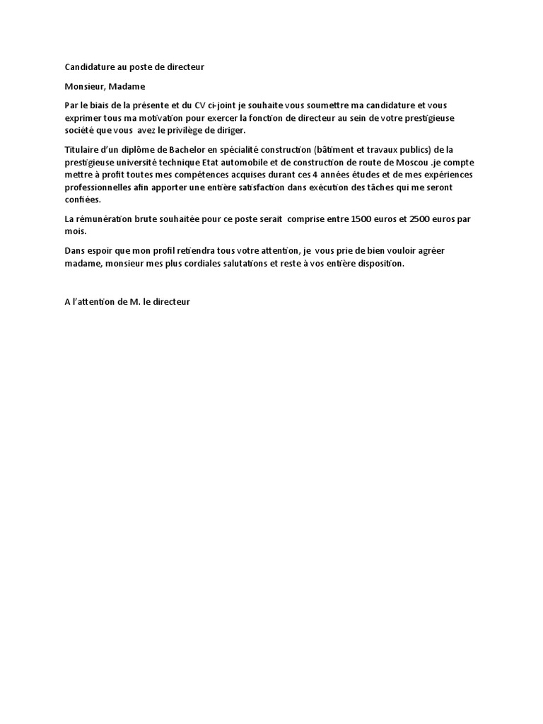 Lettre de Motivation Et Prétention Salariale  PDF