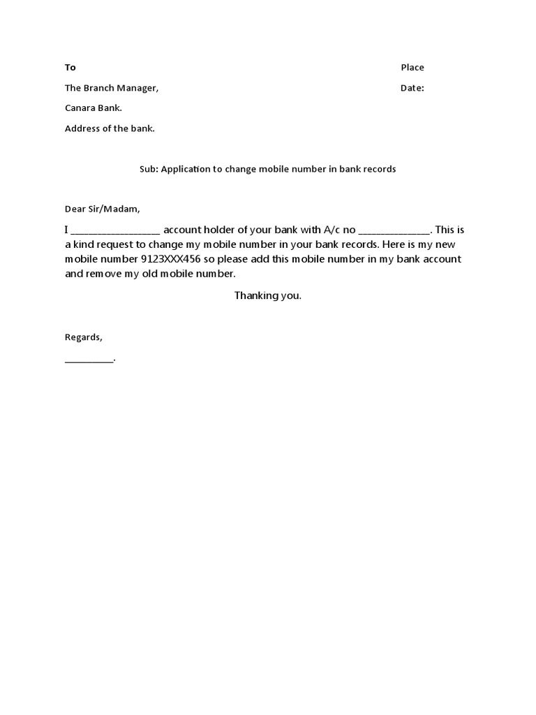 Sample Canara Bank Mobile Number Change Request Letter PDF