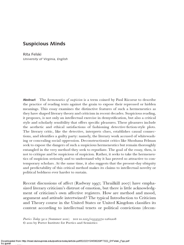 Rita Felski. Suspicious Minds PDF Hermeneutics Literary Criticism