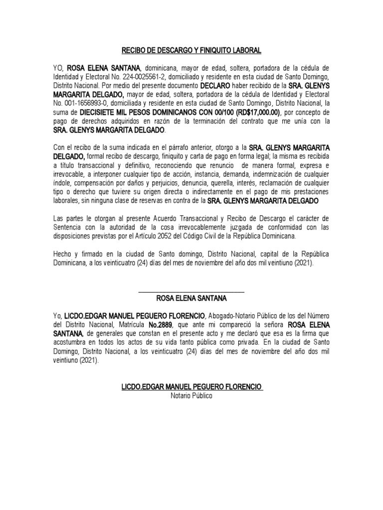 Modelo de Recibo de Descargo Laboral | PDF | República Dominicana ...
