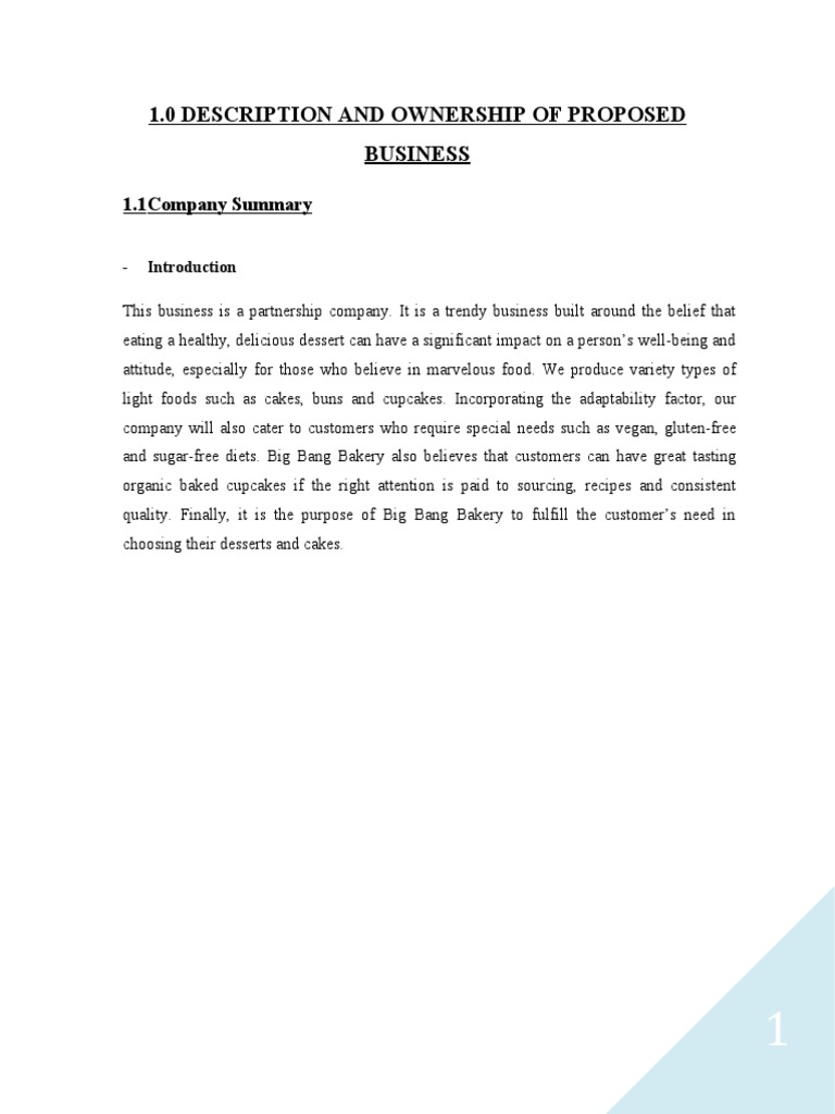 1.0 Description and Ownership of Proposed Business: 1.1 Company Summary ...