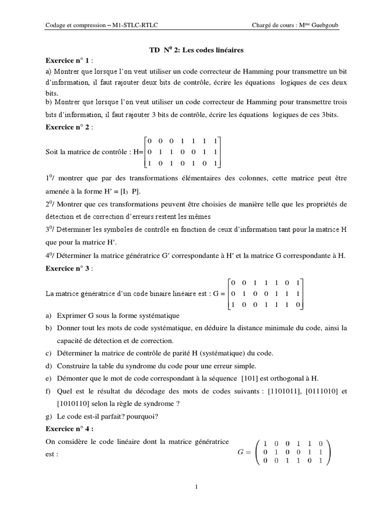 Exercices sur le codage de Hamming | PDF | Détection et correction des ...