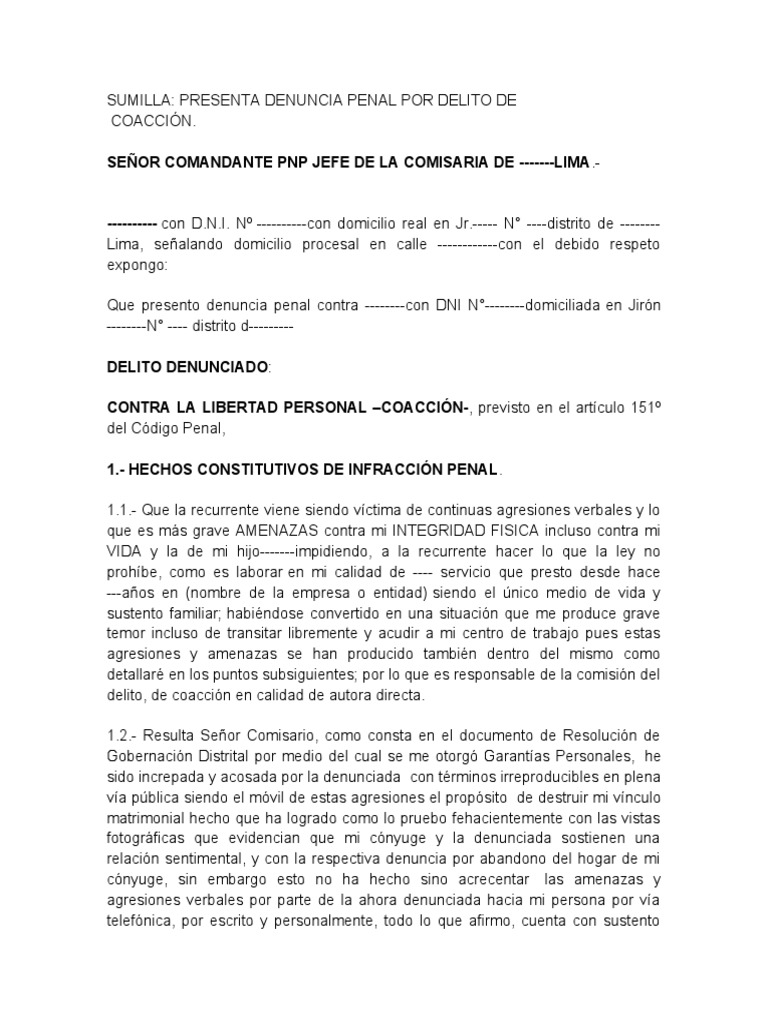 Denuncia Por Coacción | PDF | Derecho penal | Crímenes