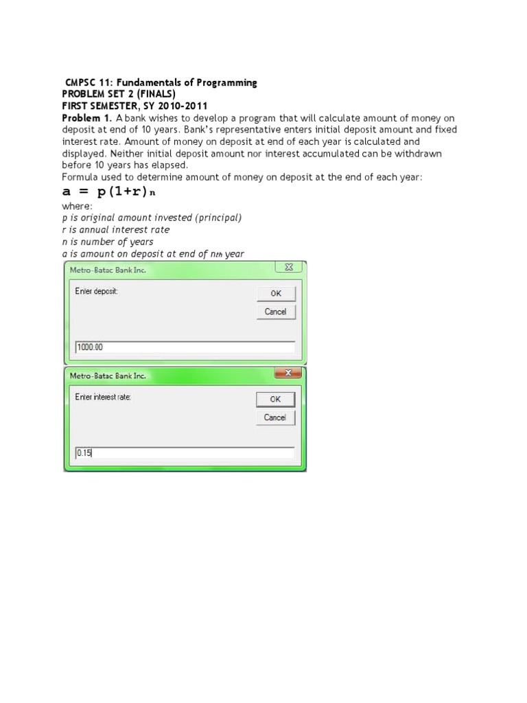 Programming Problem Set: Bank Deposit Calculation | PDF | Business