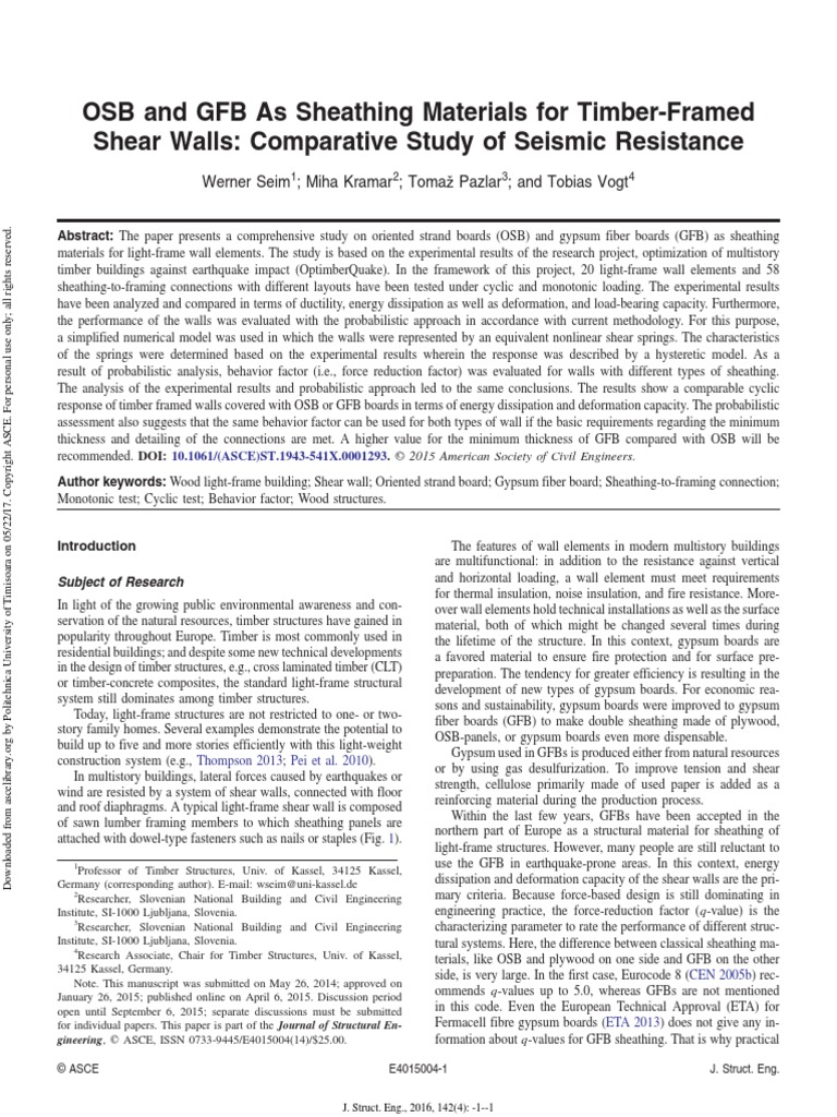 OSB and GFB As Sheathing Materials For Timber Framed Shear Walls PDF Framing (Construction