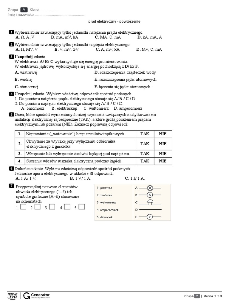 Prąd Elektryczny Test Klasa 8 Prąd elektryczny - powtórzenie- karta pracy | PDF