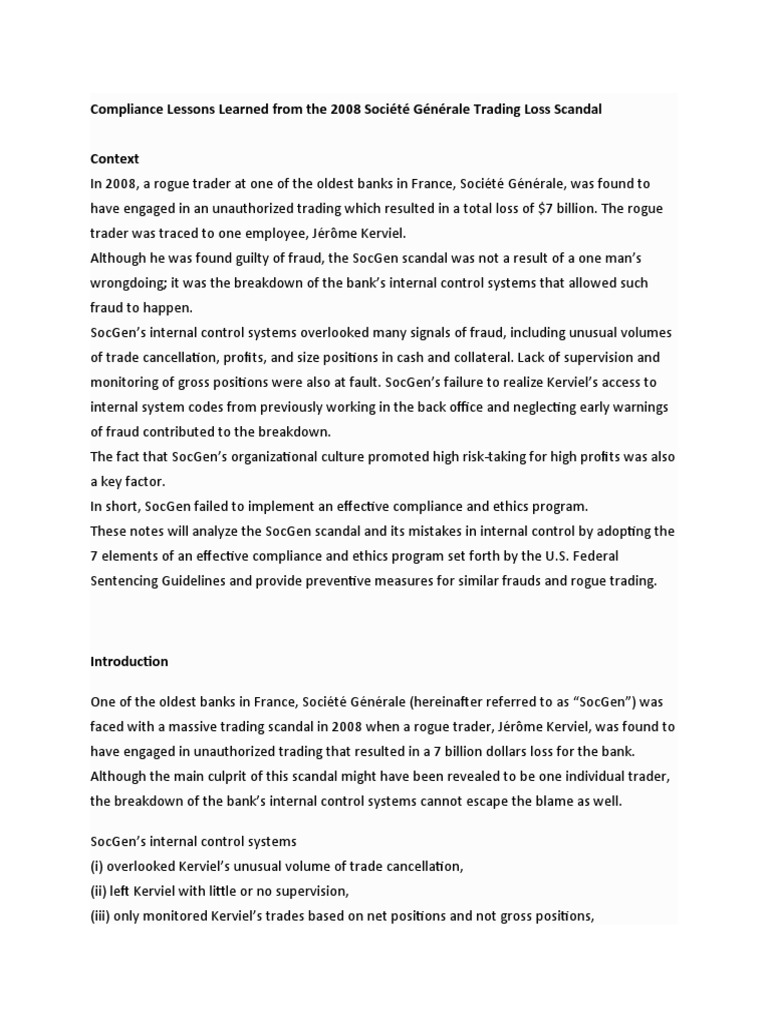 Notes SocGen Fiasco - RiskMgmnt | PDF | Fraud | Business