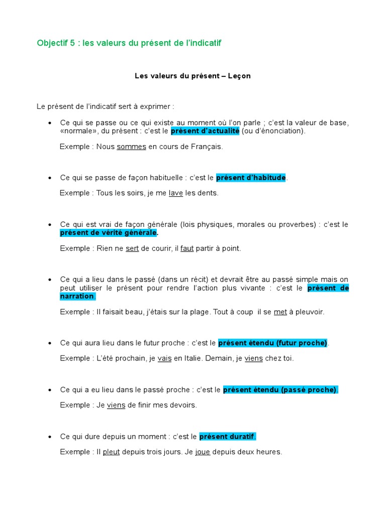 évaluation Présent De L indicatif 6ème Pdf 6e - Cours Valeurs Du Present | PDF | Linguistique | Grammaire