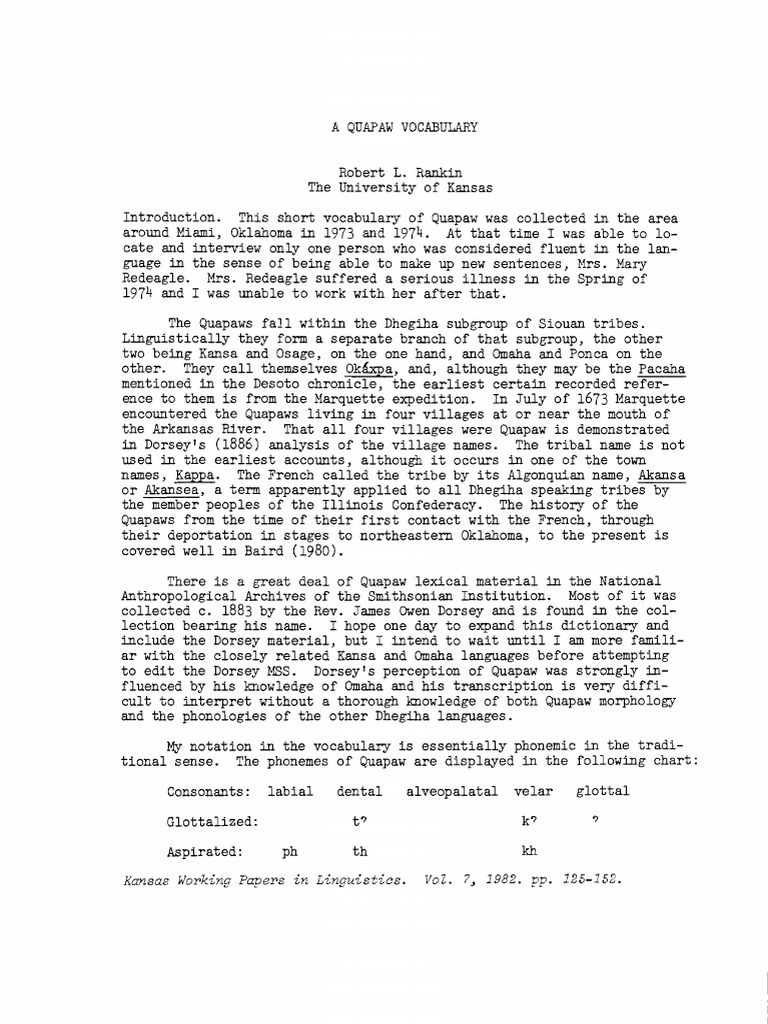 A Glimpse into the Quapaw Language A Phonemic Analysis and Vocabulary