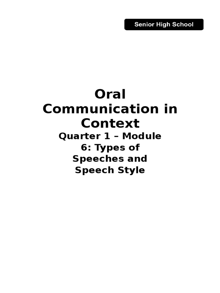 Oral Communication in Context Quarter 1 Module 6 Types of Speeches and Speech Style PDF