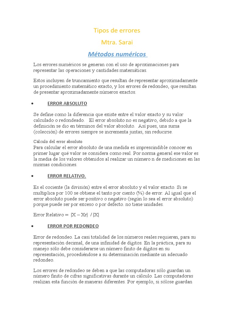 Tipos de Errores en Métodos Numéricos | PDF | Medición | Análisis numérico