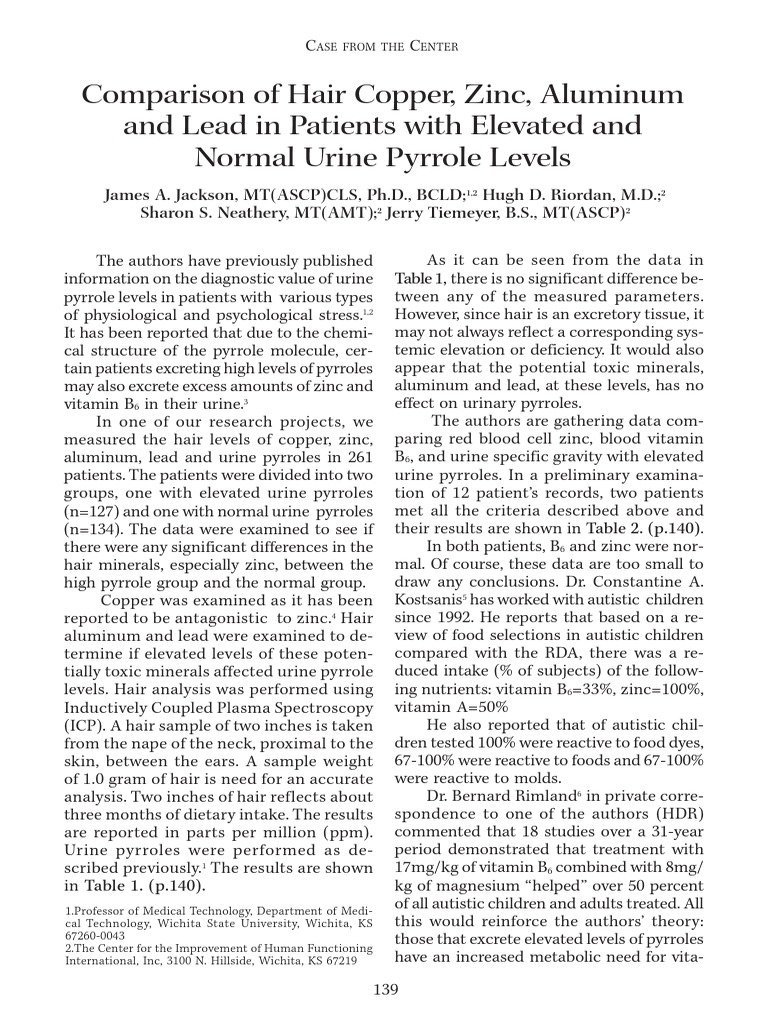 Comparison of Hair Copper Zinc Aluminum and Lead in Patients With