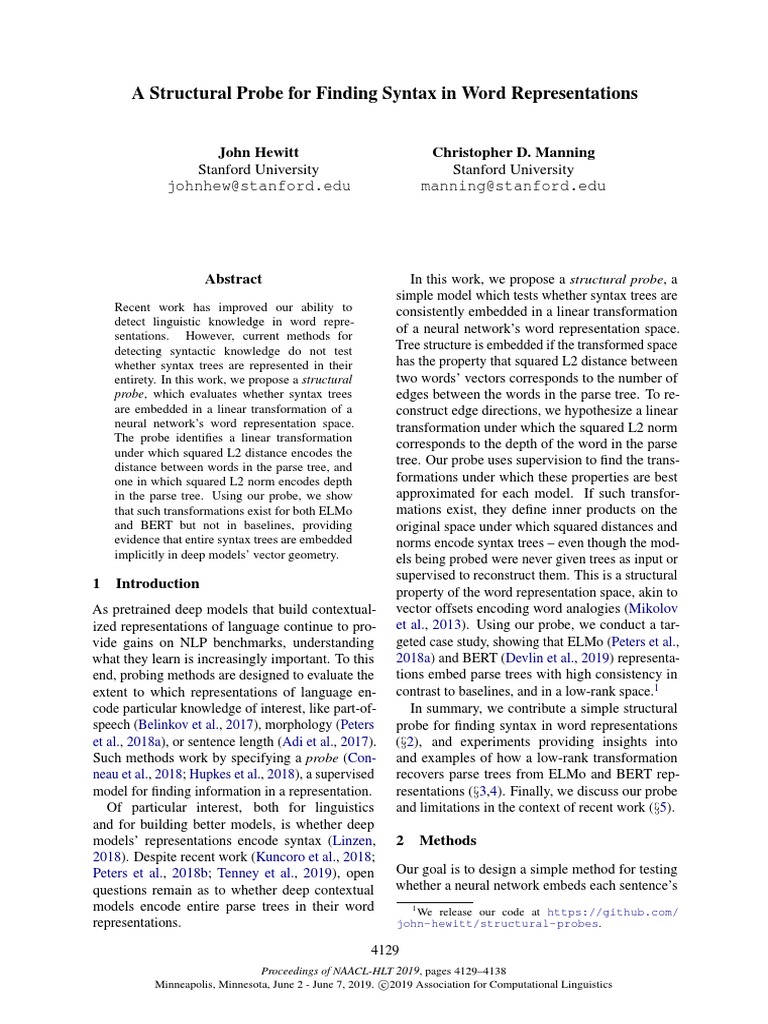 A Structural Probe For Finding Syntax in Word Representations ...
