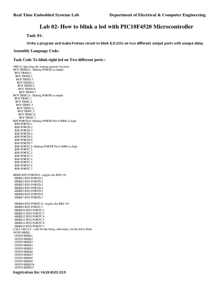 Lab 02How To Blink A Led With PIC18F4520 Microcontroller PDF
