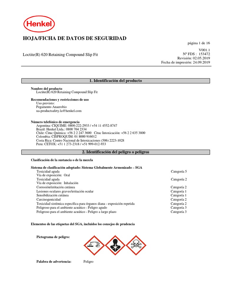 Hoja/Ficha de Datos de Seguridad Loctite (R) 620 Retaining Compound