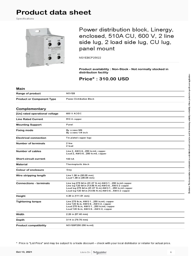 IEC Enclosed Power Distribution Blocks NSYEBCP25622 PDF Electric