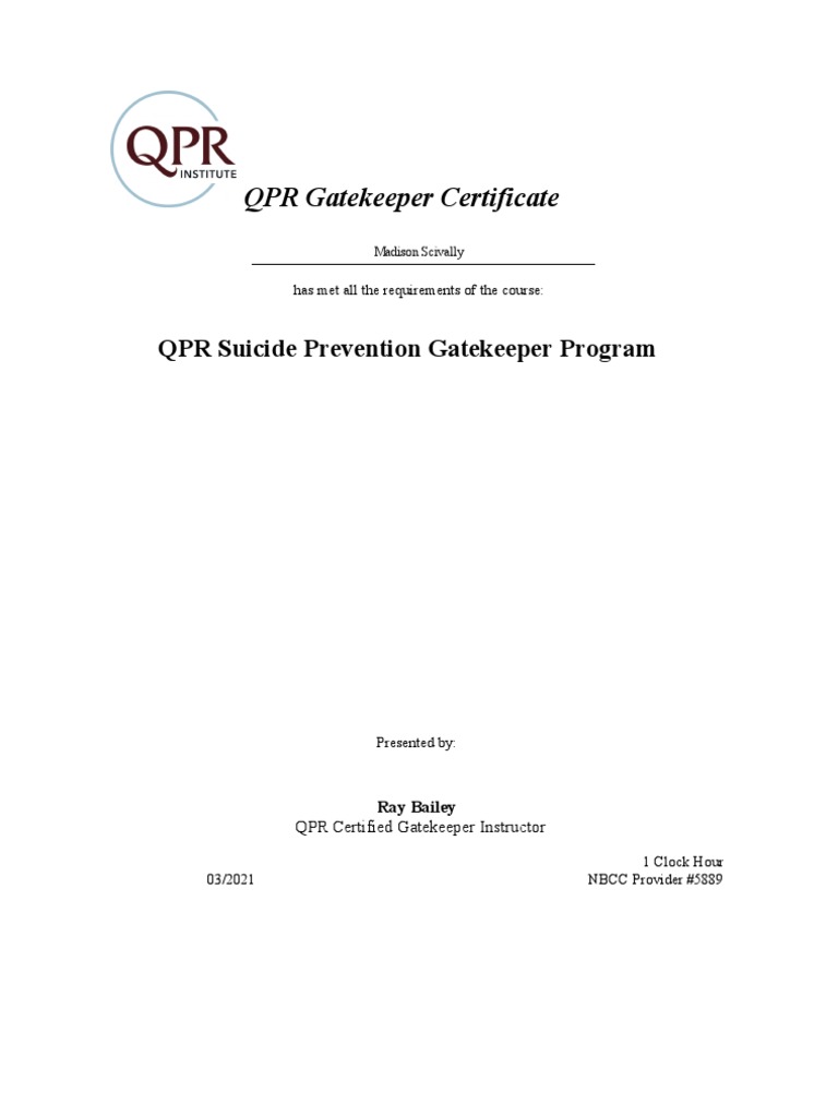Qpr Gatekeeper Certificate , QPR Suicide Prevention Training – JMBE